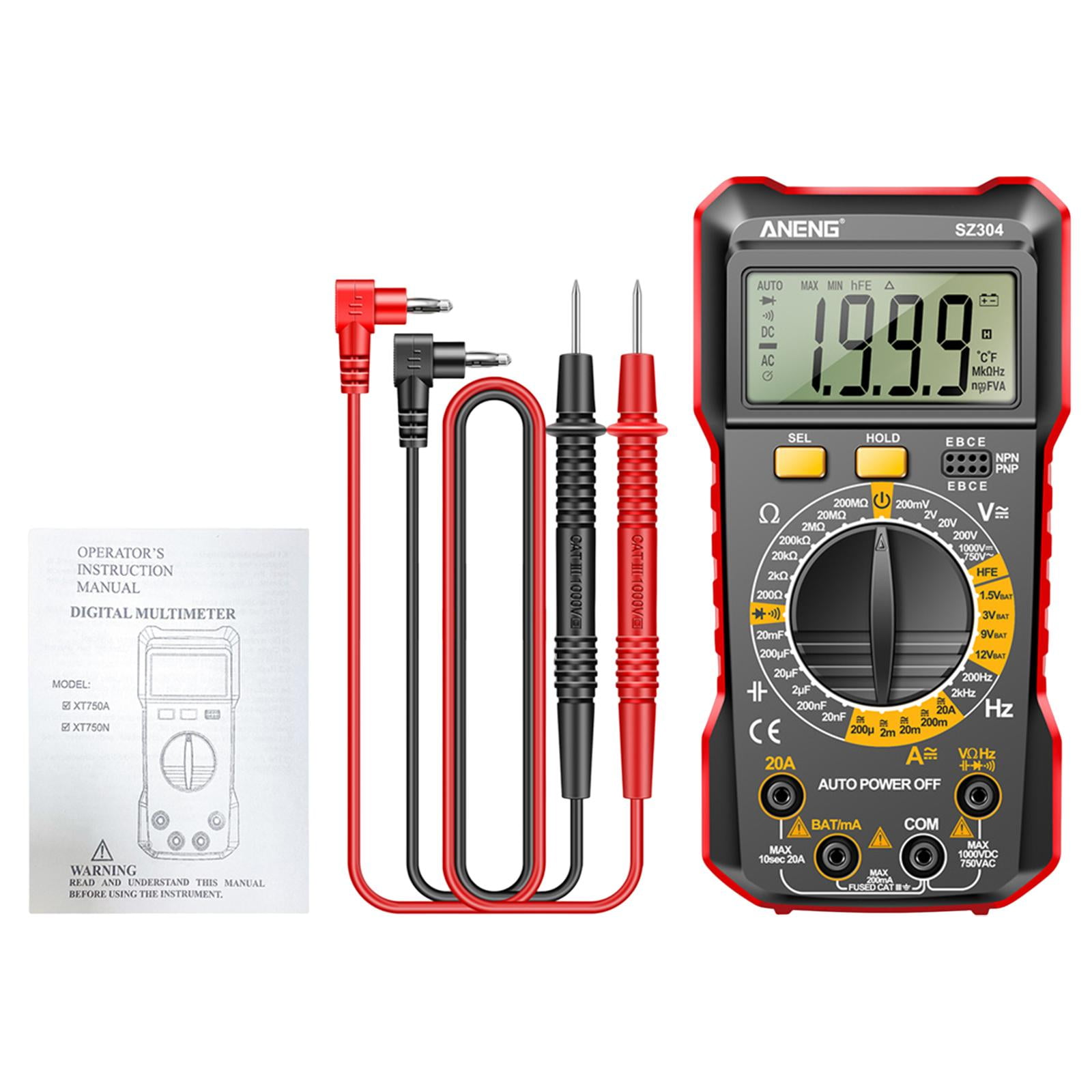 Ioensy - Multímetro Digital True Rms Continuidad Capacitancia Medidor De Voltaje De Bolsillo Herramienta Rojo