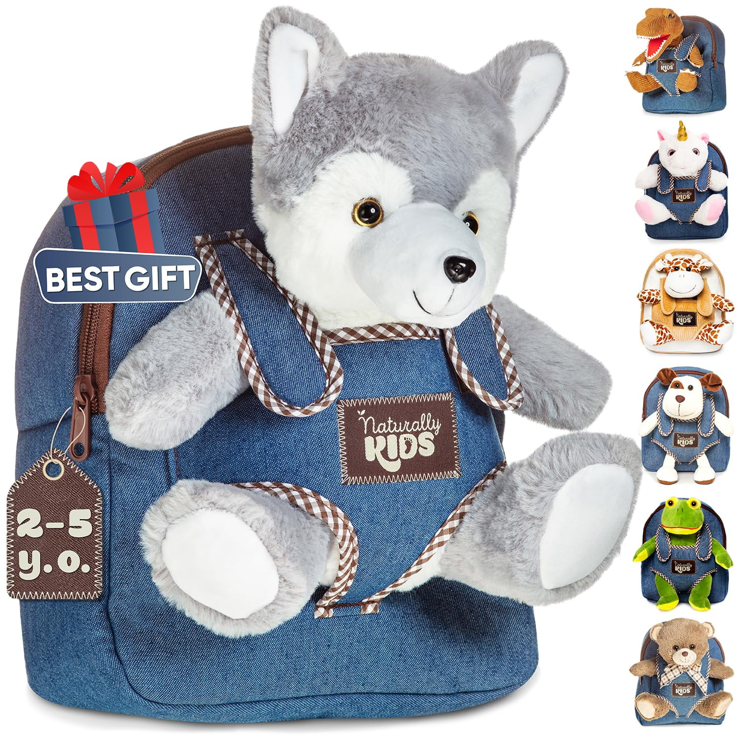 Peluche Backpack Naturally Kids Wolf Para Niños De 3 A 10 Años