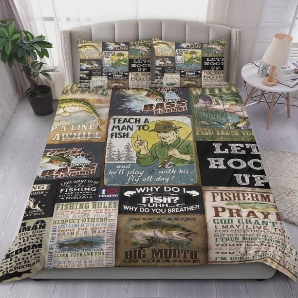 Fishing Teach A Man To Fish Quilt Duvet Cover Set Bedroom Decor Children3-Piece Bedding Set