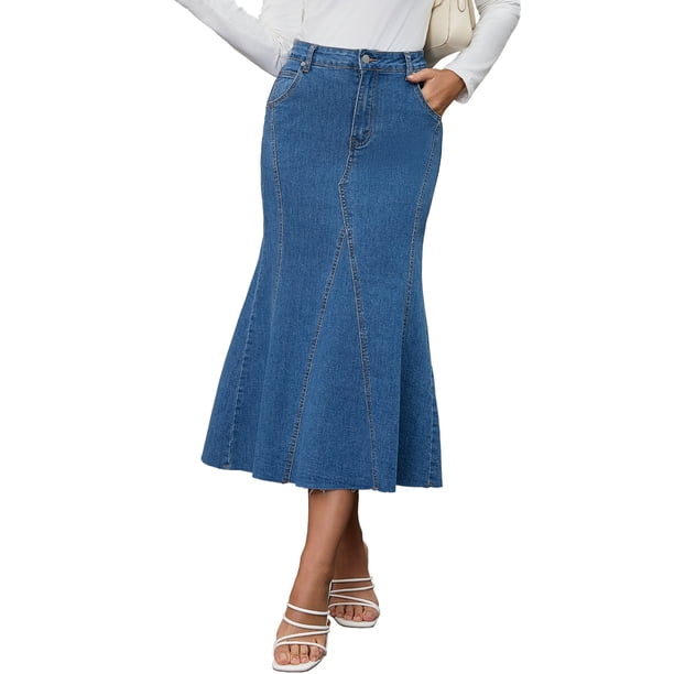 INSPIRE CHIC Faldas Maxi de Mezclilla para Mujeres de Cintura Alta Ajuste Casual y Acampanado Falda Larga de Jean Azul