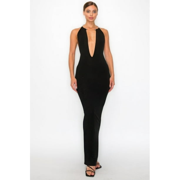 Saronite Vestido de Fiesta de Corte Alto, Elástico, con Escote en V Profundo, Espalda Descubierta y Abertura, Color Negro (para Mujer)