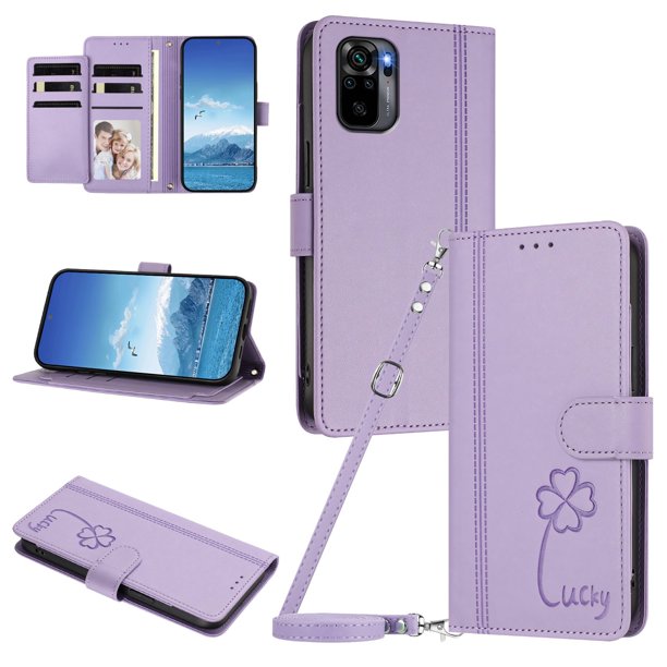 Funda Cartera Trébol para Xiaomi Redmi Note 10 4G/10S con Ranuras Tarjetas y Carga Inalámbrica Morado claro