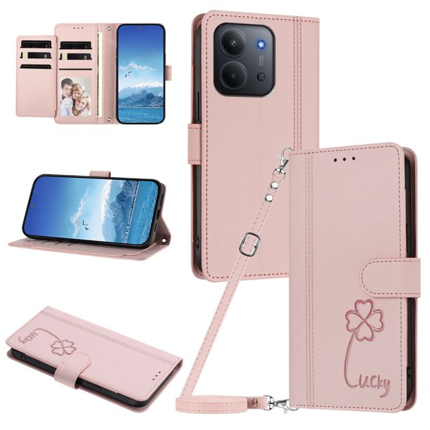 Funda Cartera Trébol para Xiaomi Poco C85 5G con Ranuras Tarjetas y Carga Inalámbrica Rosa