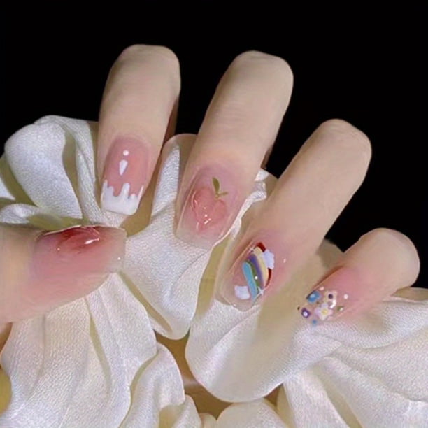 24pcs Heart Design Press On Nails with Rhinestones - Long Coffin Fake Nails for Women, Girls, and Men - Full Glue On Acrylic Artificial Nails for Manicure Art Decorations