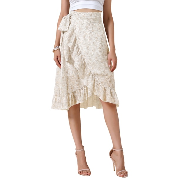 FALDA MIDI FLORAL ENVOLVENTE PARA MUJERES DE REFINED ATTIRE, HEM ASIMÉTRICO, CINTURA ALTA, FALDAS CON VOLANTES PARA PLAYA, AMARILLO XS