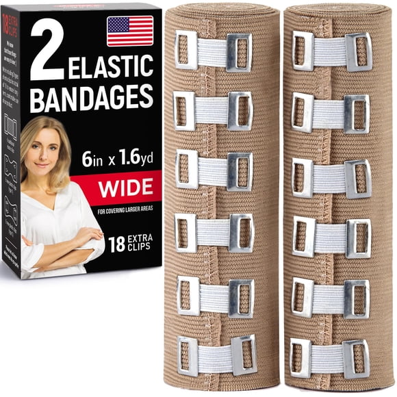 Vendaje elástico Mighty-X de 6 pulgadas x 4,5 m, paquete de 2 unidades y 18 clips