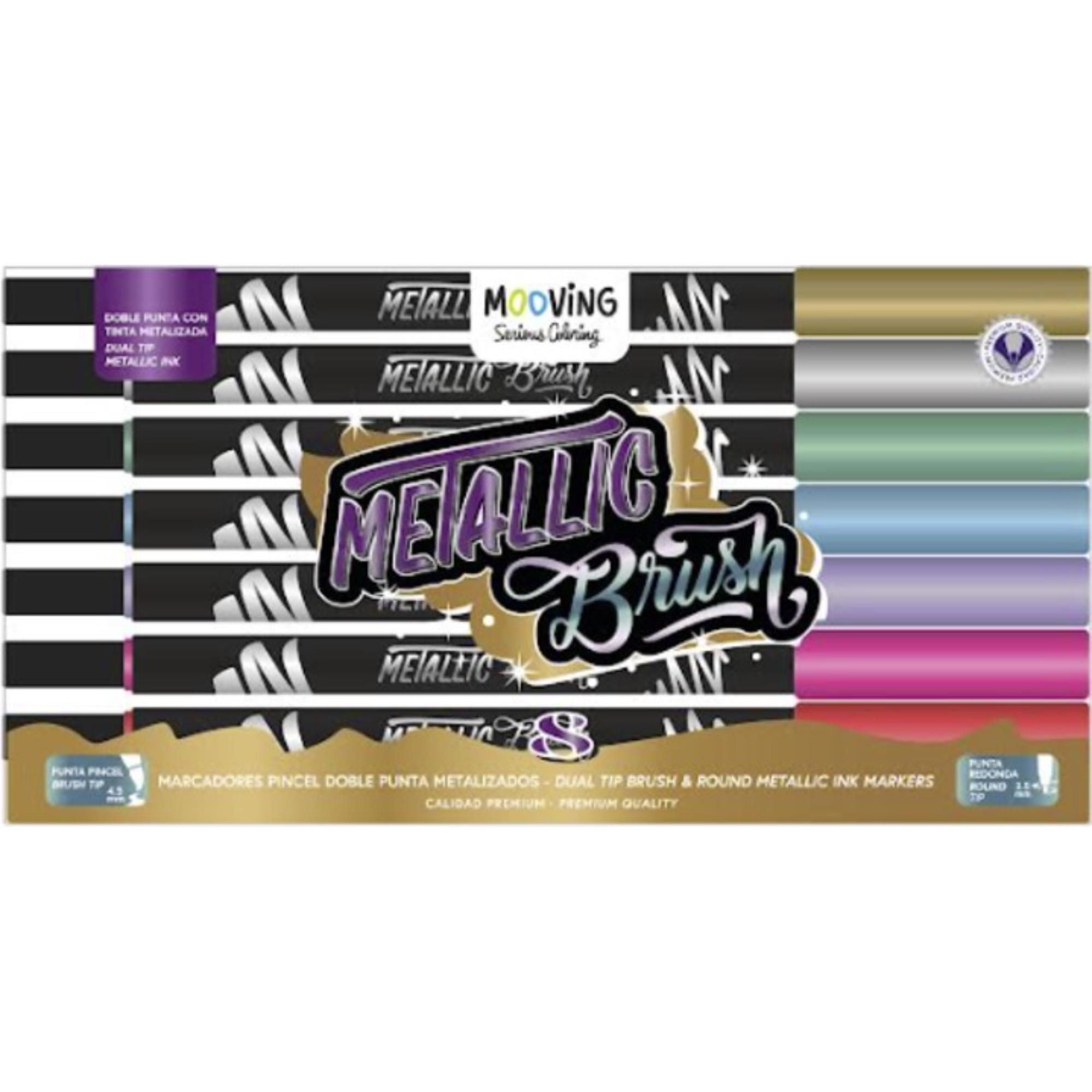 Estuche 8 Brush Doble Metalizados Premium, 1 Unidad Mooving