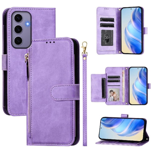 Funda Billetera Cremallera para Samsung Galaxy S24 5G con Porta Tarjetas, Soporte y Correa Morado