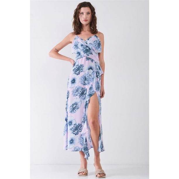 Vestido Midi con Estampado Floral, sin Mangas, con Lazo Ancho en la Parte Delantera, Dobladillo con Volantes y Detalle de Abertura Lateral