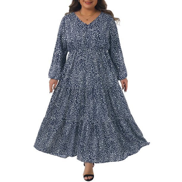 Agnes Orinda Vestido Maxi Largo de Lunares para Mujer Talla Grande de Escuela Colegio con Mangas de Linterna y Dobladillo con Volantes Flowy Boho 1X Azul Marino