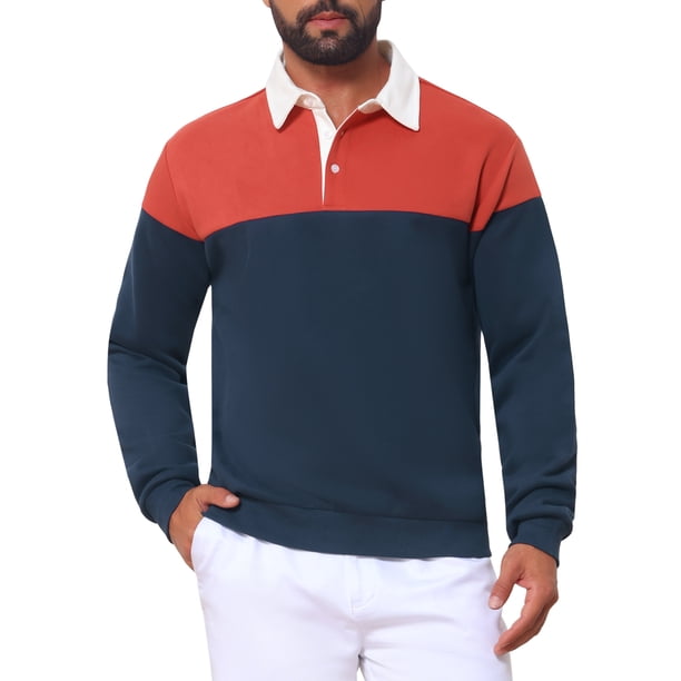 INSPIRE CHIC Camisas Polo de Manga Larga con Bloque de Color y Cuello de 3 Botones para Hombre, Talla XL, Azul Marino Rojo