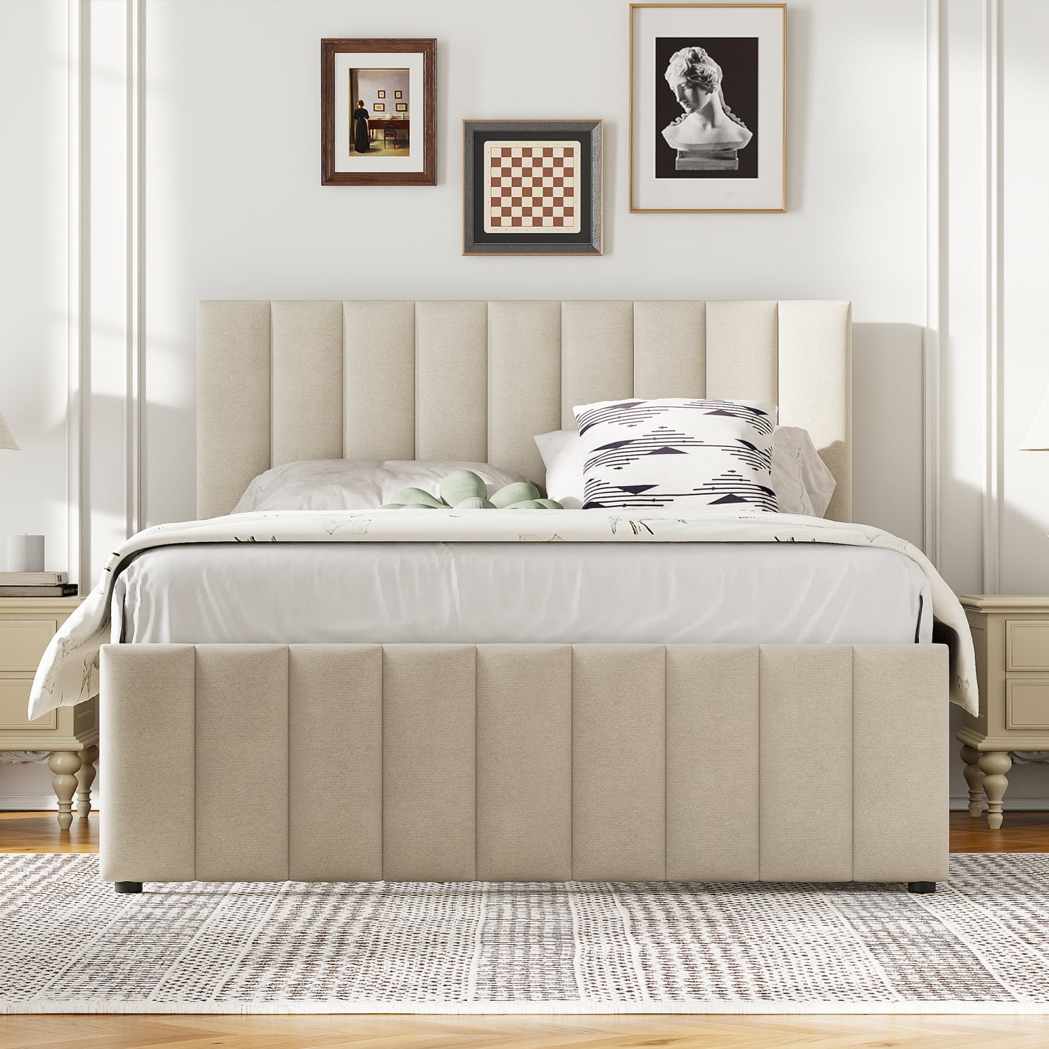 M&ms - Full Size Upholstered Platform Bed With Twin Size Trundle And 3 Drawers, Linen Fabric, Beige