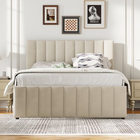 M&Ms - Full Size Upholstered Platform Bed With Twin Size Trundle And 3 Drawers, Linen Fabric, Beige