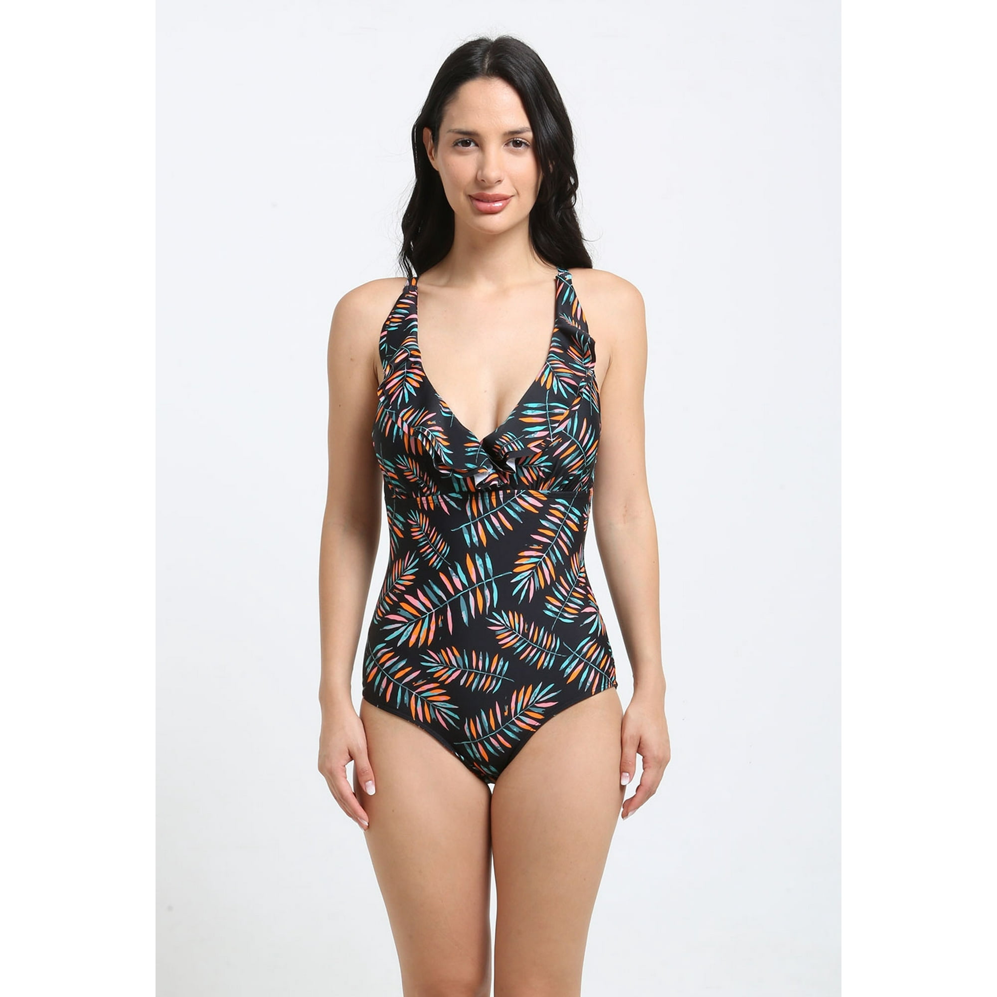 Samia - Enterito Escote Con Vuelos Estampado Hojas L