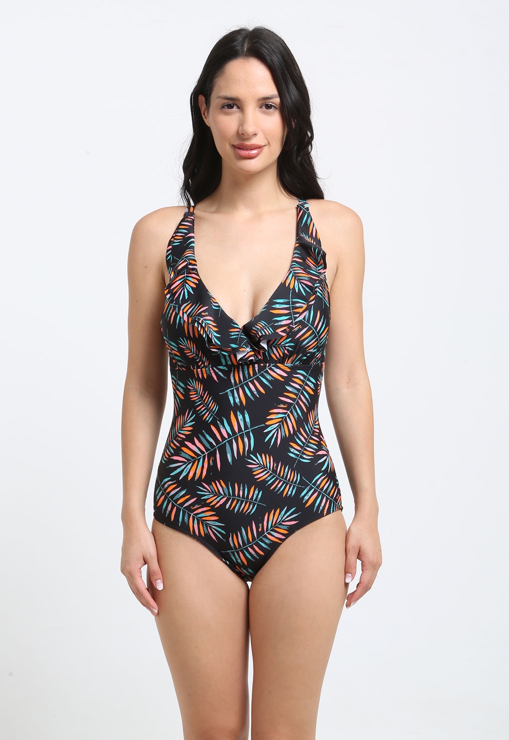 Samia - Enterito Escote Con Vuelos Estampado Hojas Xl