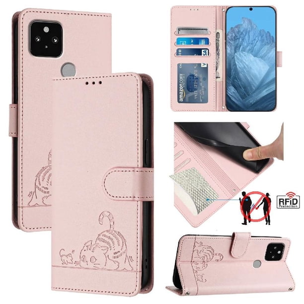 Funda tipo cartera FOXDOCK para Google pixel 5 con soporte, ranuras, RFID, diseño de gato