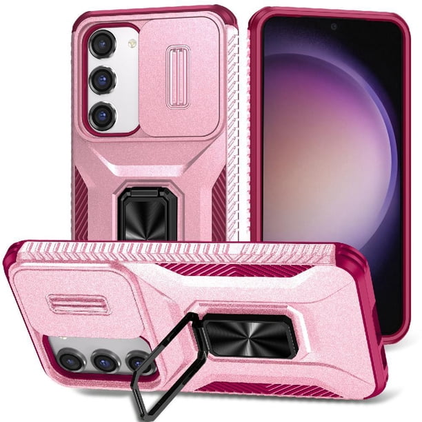 Funda Armada para Samsung Galaxy S23 con Tapa Deslizante y Soporte Magnético Giratorio Rosa