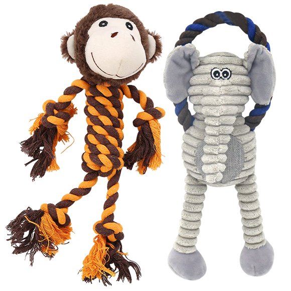 Juguete para perro HUGEME Mono/Elefante de peluche con silbido - Pack de 2