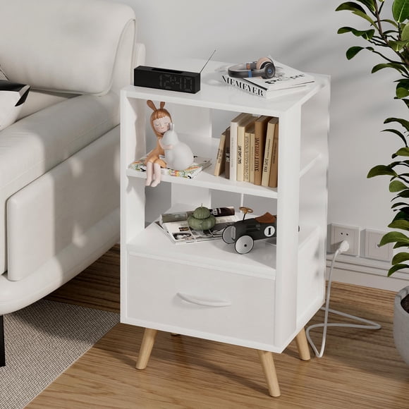 Mesa de noche Aenuert de 3 niveles, blanca, con carga USB