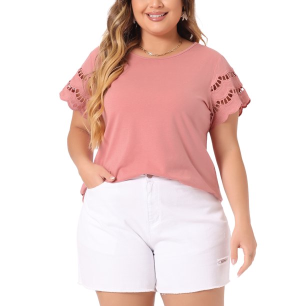 Agnes Orinda Tops de Escuela Universitaria para Mujer de Talla Grande con Panel de Encaje y Mangas Cortas Huecas Blusas Sólidas de Verano 3X Rosa
