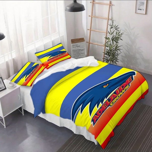 3pcs Adelaide Crows Logo Duvet Cover Set - Vibrant Yellow Blue Orange Design with Zipper Closure