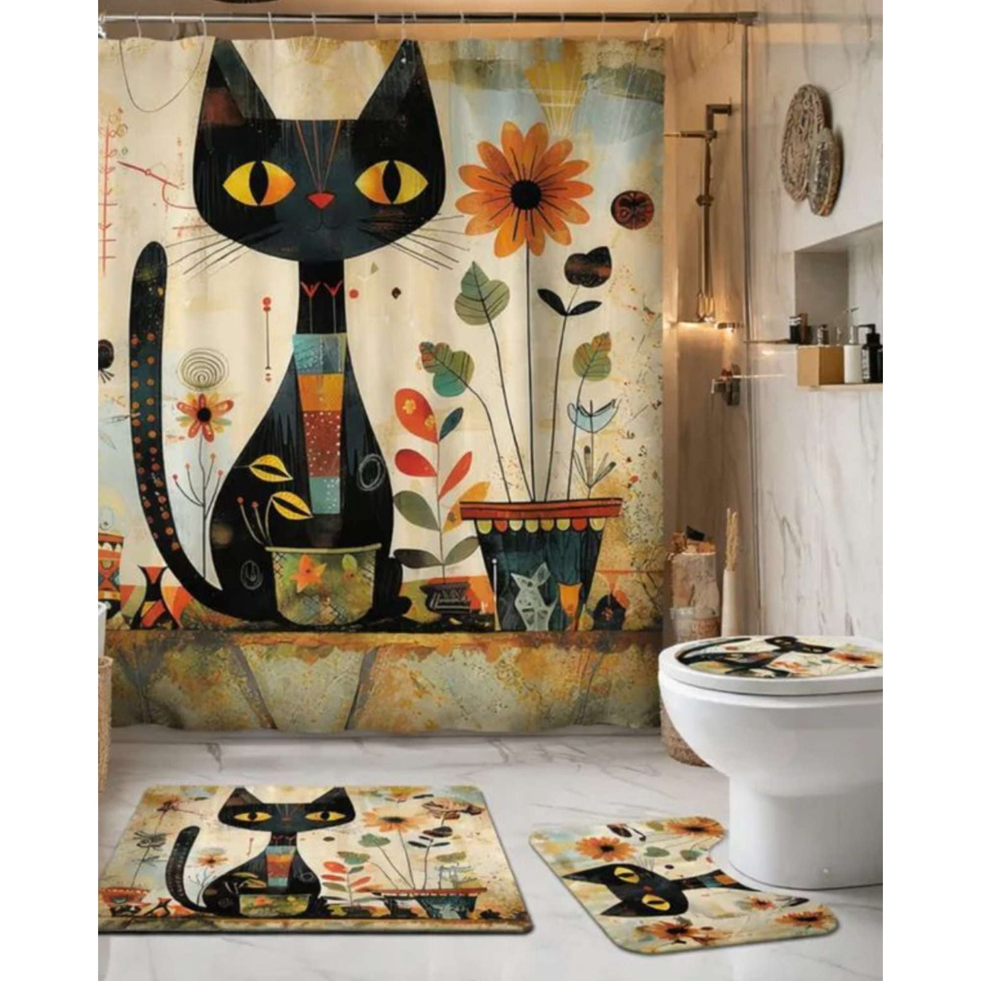 Mylhogar - Juego 5 Piezas Con Cortina De Baño De Tela Poliéster Y Forro De Ducha De Plástico