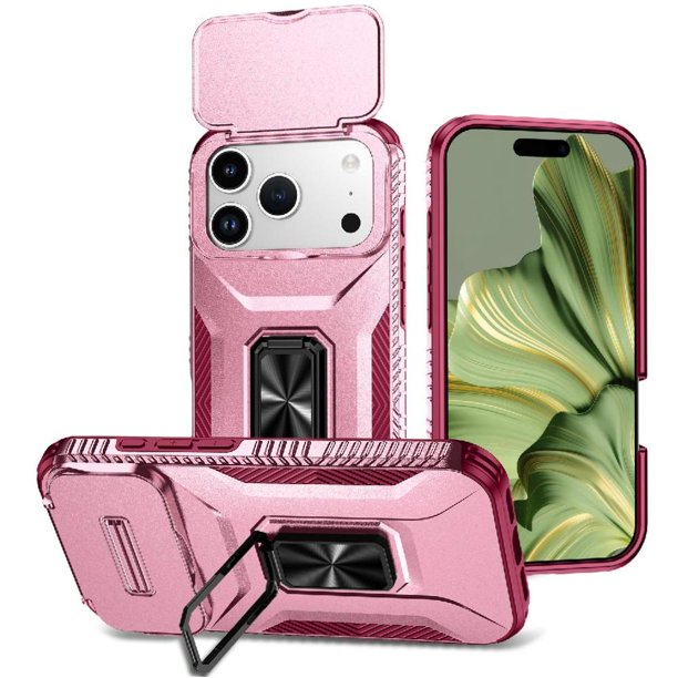 Funda Armada para iPhone 17 Pro Max con Tapa Deslizante y Soporte Magnético Giratorio Rosa
