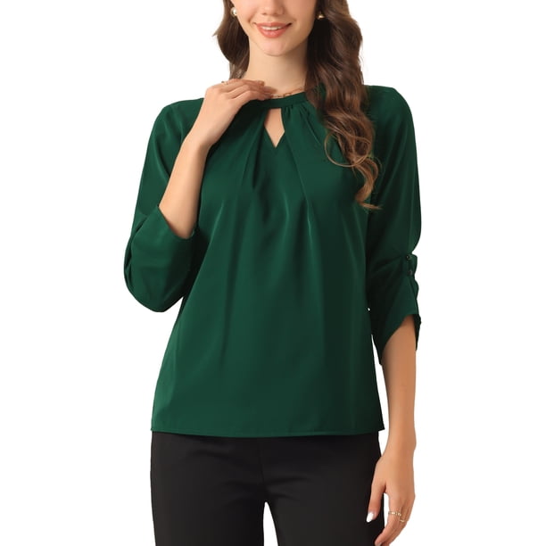 CURVOSPORT Blusa Elegante para Mujer Camisa de Trabajo Oficina con Fruncido Frontal Manga 3/4 Chifón Regreso a Clases Atuendo de Maestra Verde Oscuro L