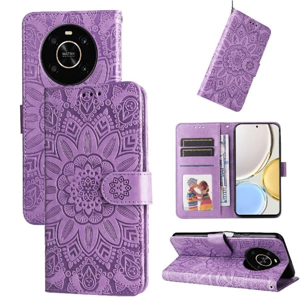 Funda tipo cartera FOXDOCK para Honor Magic 4 Lite 4G/5G , diseño girasol en relieve, cuero PU, cierre magnético, soporte y tarjetero