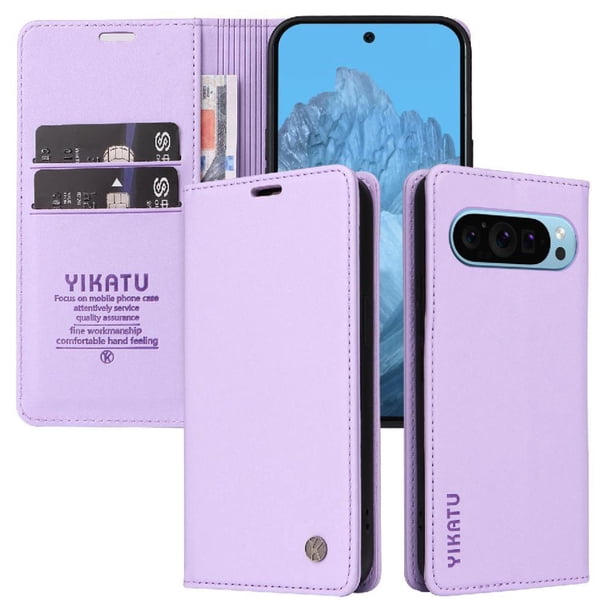 Funda Billetera de Cuero para Google Pixel 9 5G con Tarjetero y Soporte - Tapa Magnética Morado