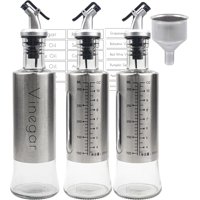 Xinqihang - Juego De 3 Dispensadores De Aceite Y Vinagre De Vidrio De 300 Ml Con 18 Etiquetas Negras, Botellas De Acero Inoxidable Para Aceite De Cocina Con Embudo Y Bomba.