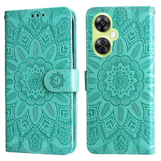Funda tipo cartera FOXDOCK para OnePlus Nord CE 3 Lite , diseño girasol en relieve, cuero PU, cierre magnético, soporte y tarjetero