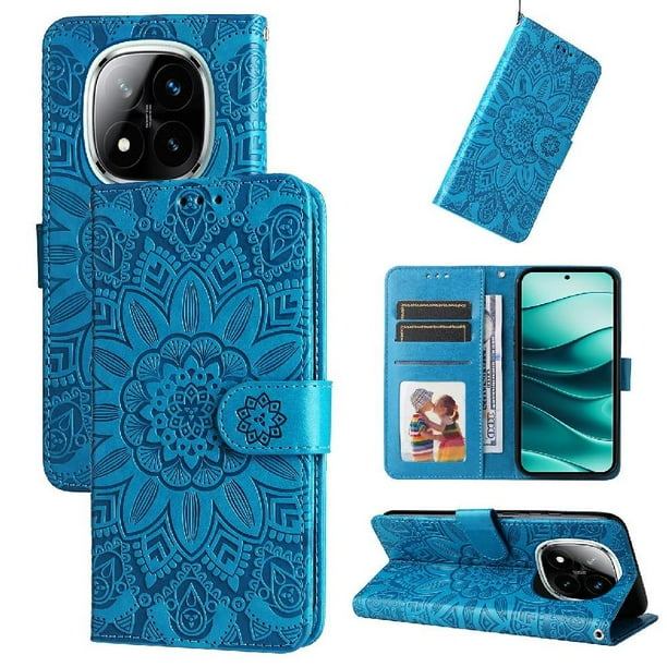 Funda tipo cartera FOXDOCK para Xiaomi Redmi Note 14 Pro 5G , diseño girasol en relieve, cuero PU, cierre magnético, soporte y tarjetero