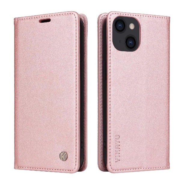Funda Billetera de Cuero para iPhone 15 con Tarjetero y Soporte - Tapa Magnética Rosa