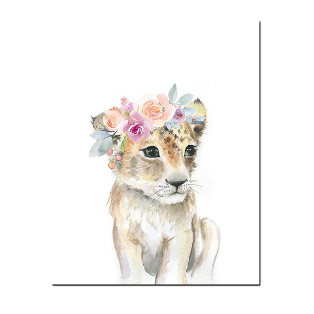 Pintura en lienzo con diseño de corona floral de animales, impresiones para niña, jirafa, elefante, león, arte de pared, póster para guardería