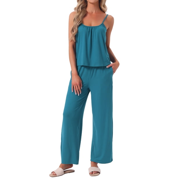 INSPIRE CHIC Conjunto de Pijama para Mujer, Top de Tirantes Plisado y Pantalones, Tejido Elástico Suave, Conjuntos de Verano 2026 con Bolsillos, 2XL Azul