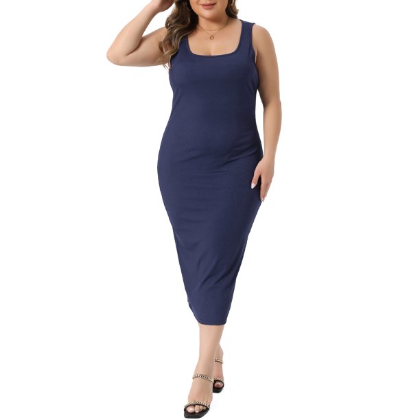 Agnes Orinda Conjuntos de Halloween Vestido de Mujer Tallas Grandes Verano Sin Mangas Cuello Cuadrado Ajustado Cóctel Vestido de Tirantes 3X Azul Marino