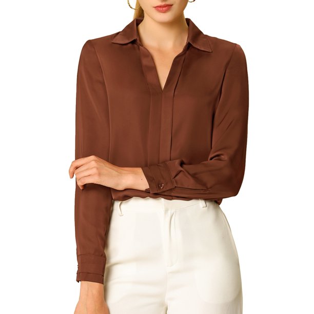 INSPIRE CHIC Camisas Elegantes para Mujer Cuello de Punta Manga Larga Blusa de Satén Suave Conjunto de Regreso a Clases para Maestras Marrón M