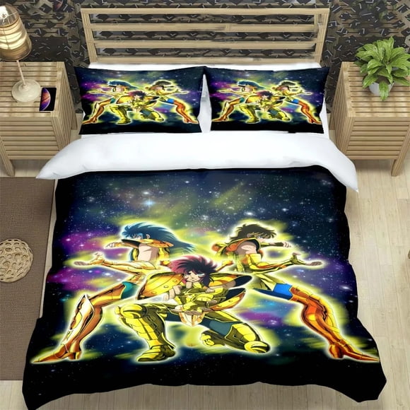 Saint Seiya 3D Bedding Set Black Duvet Quilt Cover Set Comforter Cover Pillowcase King Queen Size Polyester Quilt Cover