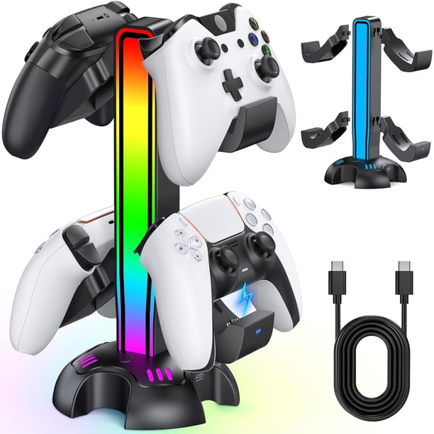 Estación de Carga para Controladores de PS5 con 2 Soportes de Carga y 2 Soportes para Controladores sin Carga Compatible con Xbox/PS5/4/Switch/PC Gamepad Luces Dinámicas 2 Puertos USB