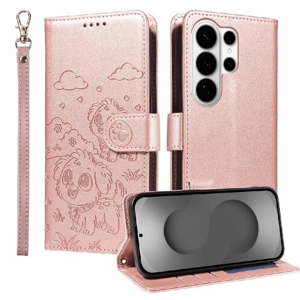 Funda Cartera para Samsung Galaxy S26 Ultra Perro Cachorro Grabado con Tarjetas Soporte Correa Rosa