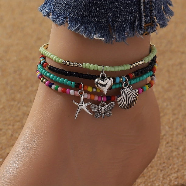 4-Piece Colorful Rice Beaded Ankle Bracelet Set - Perfect for Summer Beach Decor & Boho Jewelry!