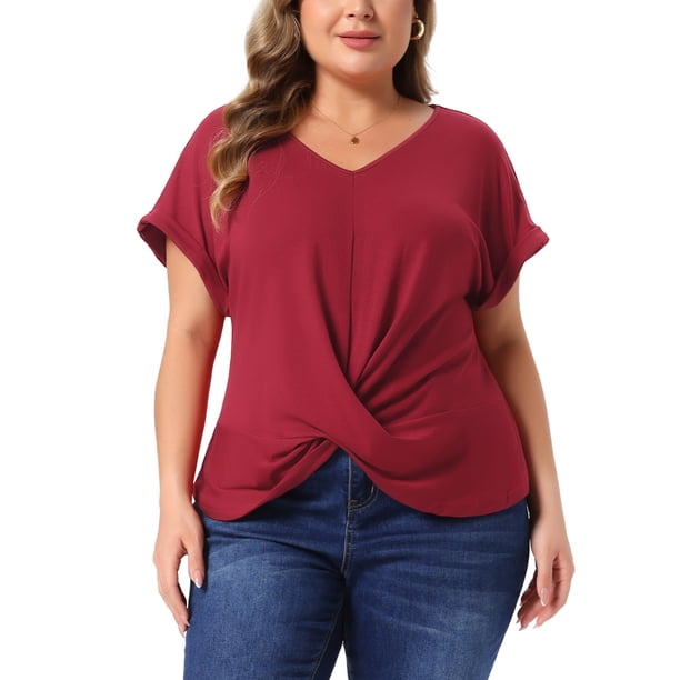Agnes Orinda Blusas Casuales de Verano con Nudo y Cuello en V de Manga Corta para Mujer de Talla Grande 3X Burdeos