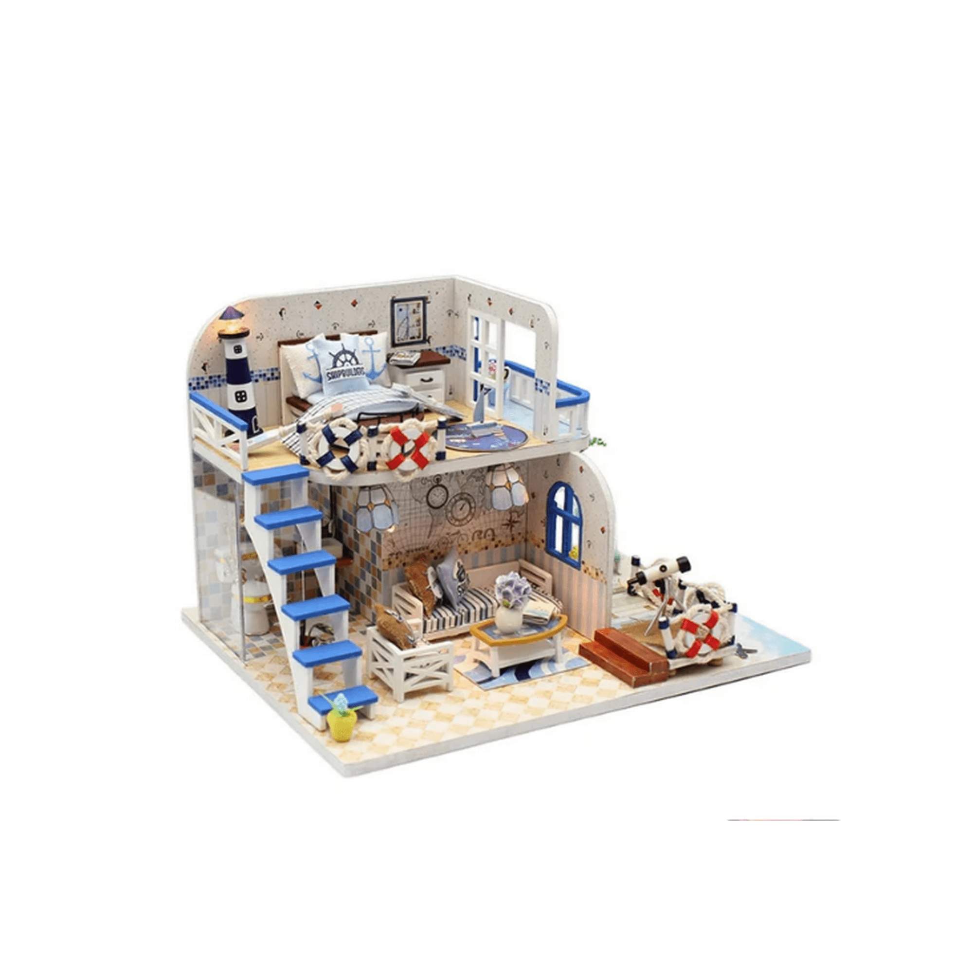 China - Casa Miniatura Diy “blue Coast” – Cabaña Costera De Madera Con Luces Led M032