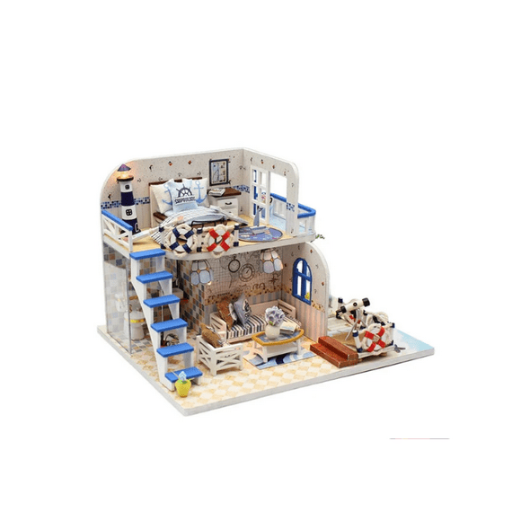 Casa Miniatura DIY “Blue Coast” – Cabaña Costera de Madera con Luces LED M032