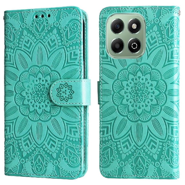 Funda tipo cartera FOXDOCK para Honor X6C 4G , diseño girasol en relieve, cuero PU, cierre magnético, soporte y tarjetero