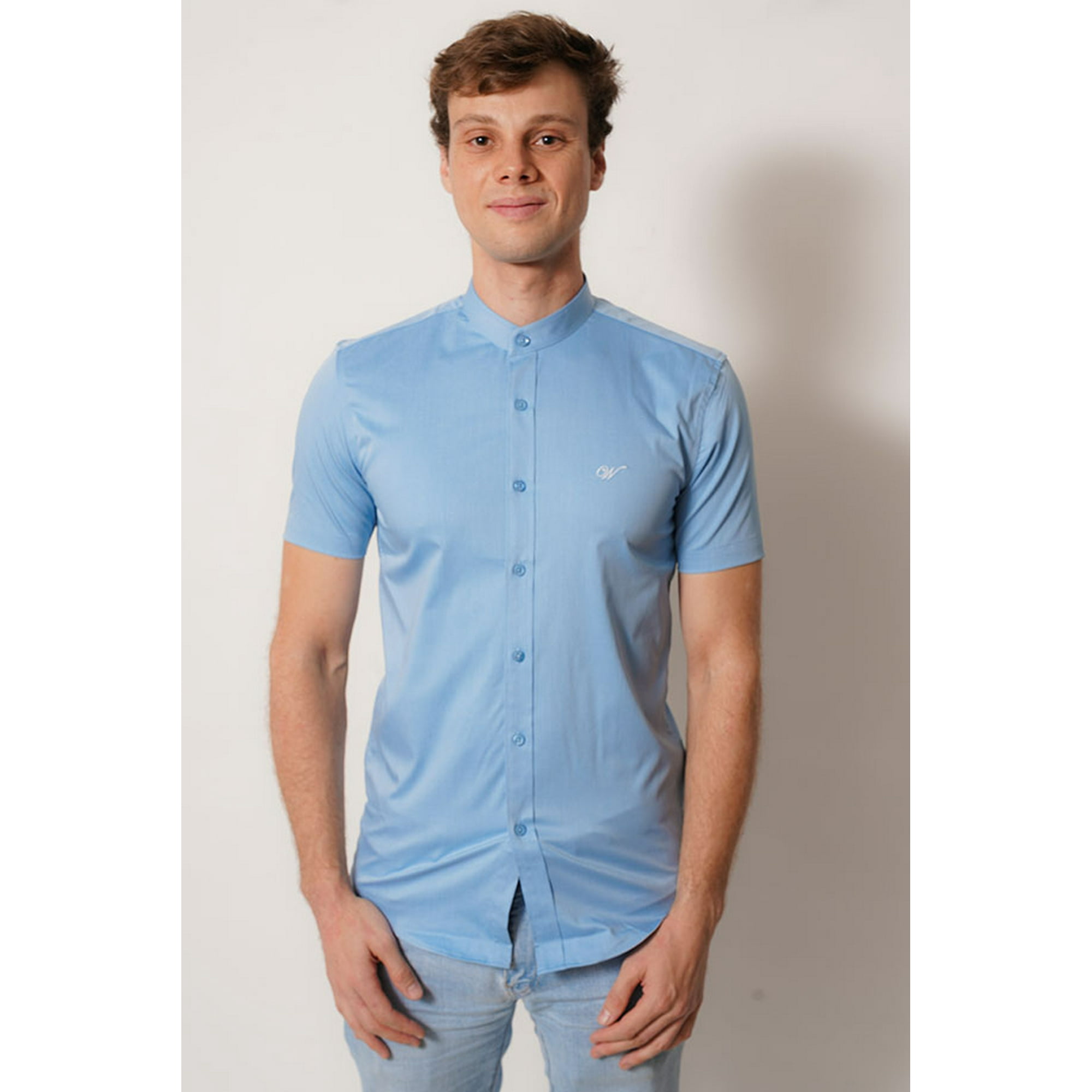 White Clothing - Camisa Cuello Mao Color Celeste Cielo Manga Corta Fit