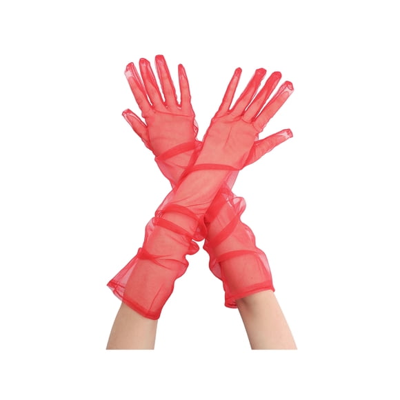 Guantes de Ópera Largos de Tul para Mujer Guante Transparente de Dedo Completo para Noche Boda 1 Par Rojo M