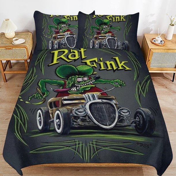 Rat Fink Bed Duvet Cover Microfiber Bedding Sets 3D Printed Lightweight 3 Piece Comforter Sets, 1 Duvet Cover And 2 Pillow Shams for Kids Boys Girls