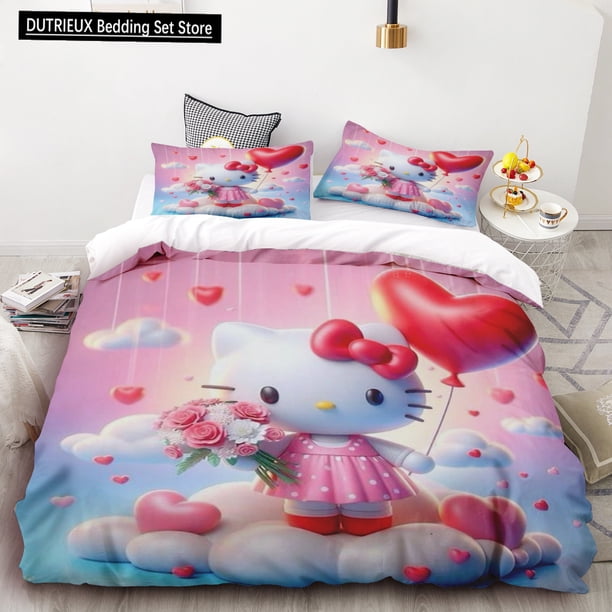 Hello Kitty Cartoon Duvet Cover 3D Anime Cute Children Bedding Set Comforter Cover Queen King Full Size for Bedroom Decoration Bed Sheets